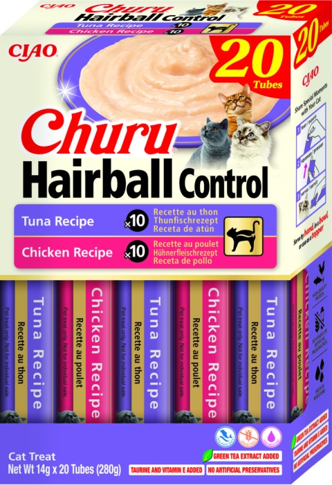 INABA CHURU Box HAIRBALL Kremowe przysmaki odkłaczające dla kotów tuńczyk i kurczak 20x14g (280g)
