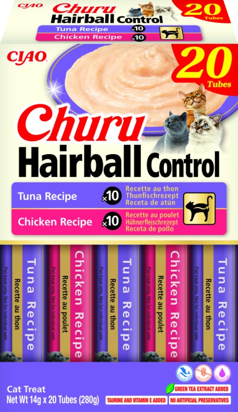 INABA CHURU Box HAIRBALL Kremowe przysmaki odkłaczające dla kotów tuńczyk i kurczak 20x14g (280g)