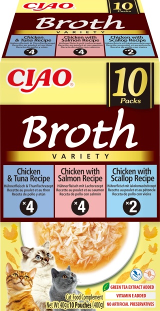 Inaba Ciao Broth Box Kurczak. Łososć, Tuńczyk i przegrzebki 10 sztuki - zupki 400 g