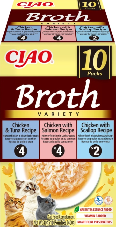 Inaba Ciao Broth Box Kurczak. Łososć, Tuńczyk i przegrzebki 10 sztuki - zupki 400 g