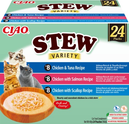 Inaba Ciao Stew Box Kurczak, Tuńczyk z przegrzebkami 24 sztuki- zupka potrawka w sosie dla kota 960g