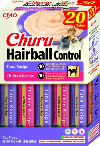 INABA CHURU Box HAIRBALL Kremowe przysmaki odkłaczające dla kotów tuńczyk i kurczak 20x14g (280g)