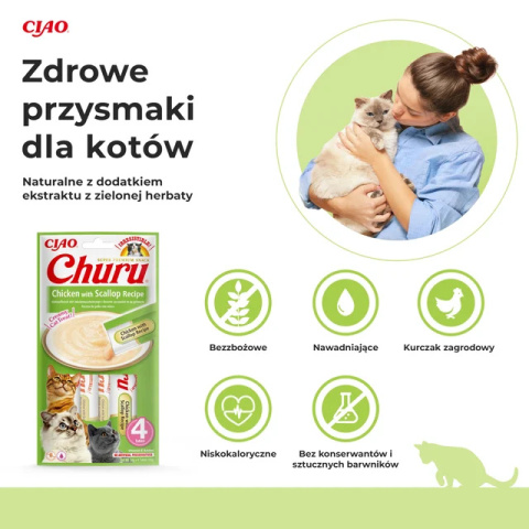 INABA CHURU Kremowe przysmaki dla kotów kurczak z przegrzebkami 4x14g INABA CHURU Kremowe przysmaki dla kotów kurczak z przegrzebkami 4x14g
