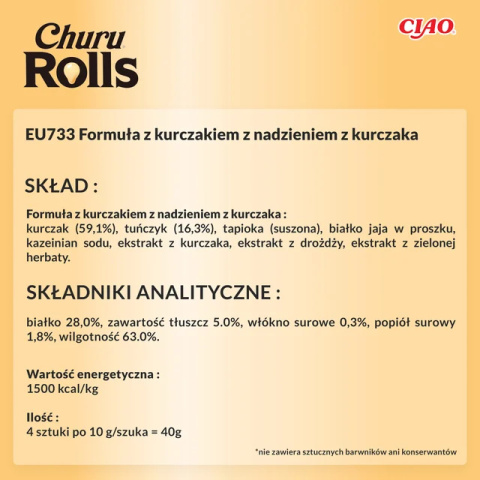 INABA CHURU ROLLS przysmak z kurczaka 4x10g INABA CHURU ROLLS przysmak z kurczaka 4x10g