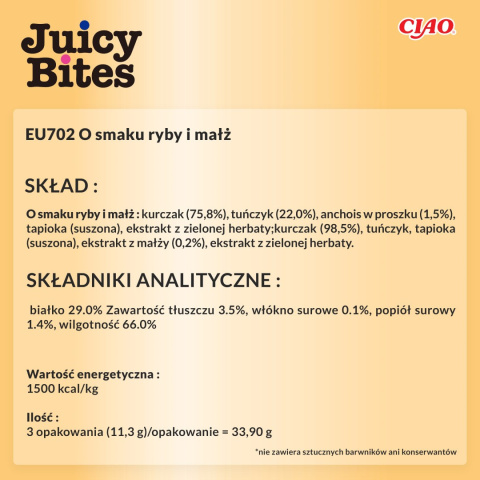INABA JUICY BITES Wilgotne przysmaki dla kota ryba z małżami 3x11,3g INABA JUICY BITES Wilgotne przysmaki dla kota ryba z małżami 3x11,3g
